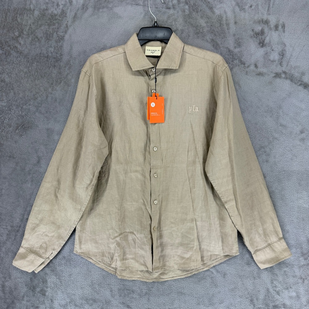 YoungLA Mens 100% Linen Button‎ Down Shirt Tan Long Sleeve Model 825 Small NWT